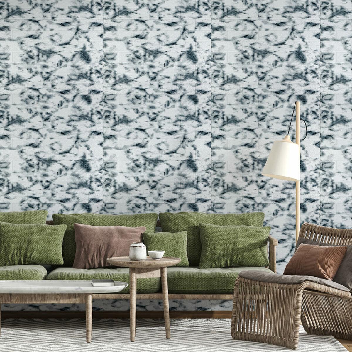 Самоклеюча 3D стінова панель під мармур в інтер’єрі вітальні