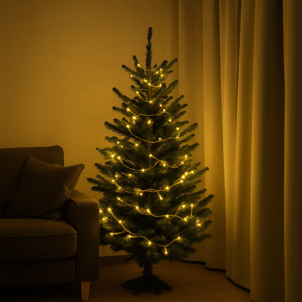 гирлянда нить 10 м на ёлке, тёплый жёлтый свет, белый провод