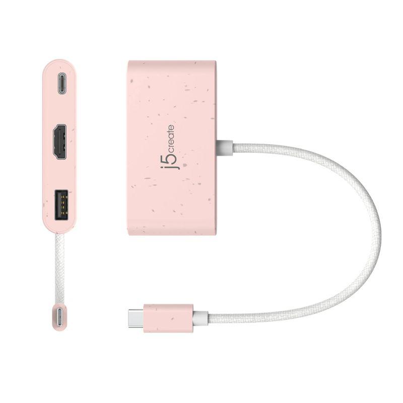 Компактний рожевий адаптер USB-C на HDMI 4K і USB-A J5create JCA379ER-N