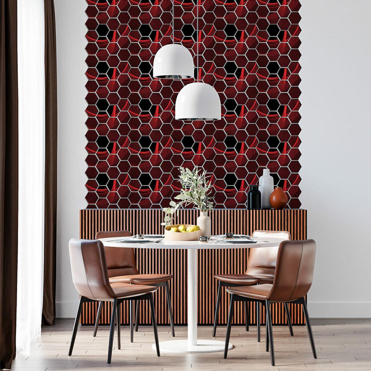 декоративная ПВХ плитка самоклейка соты в интерьере, акцентная стена, имитация натуральных материалов