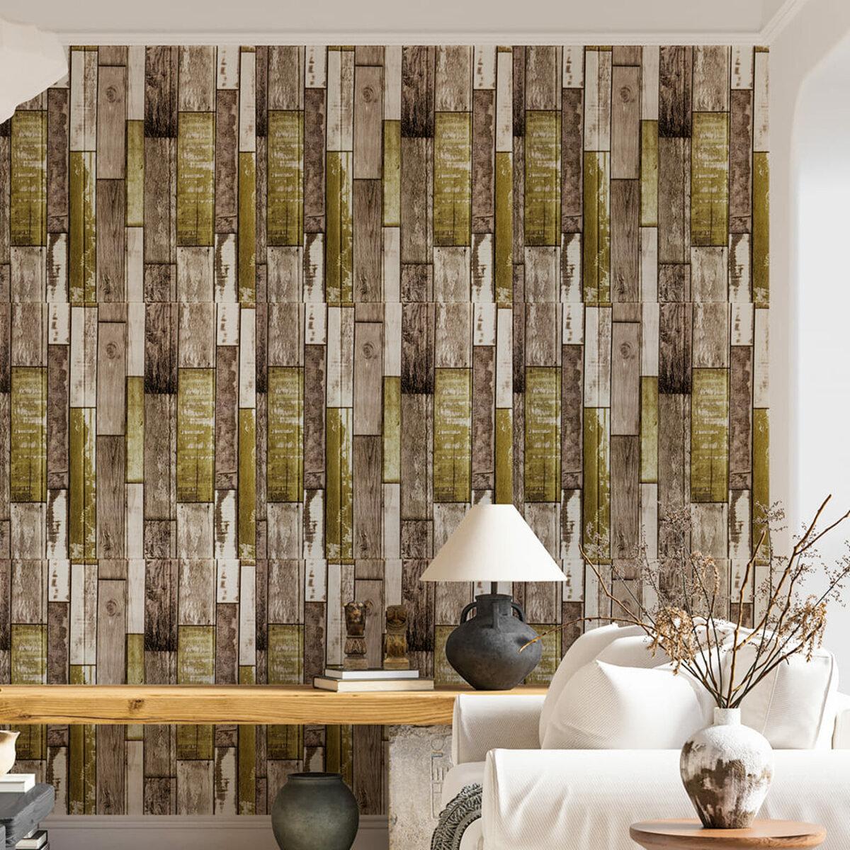 Декоративная самоклеящаяся 3D панель серо-коричневое дерево в интерьере, панель 700x700 мм