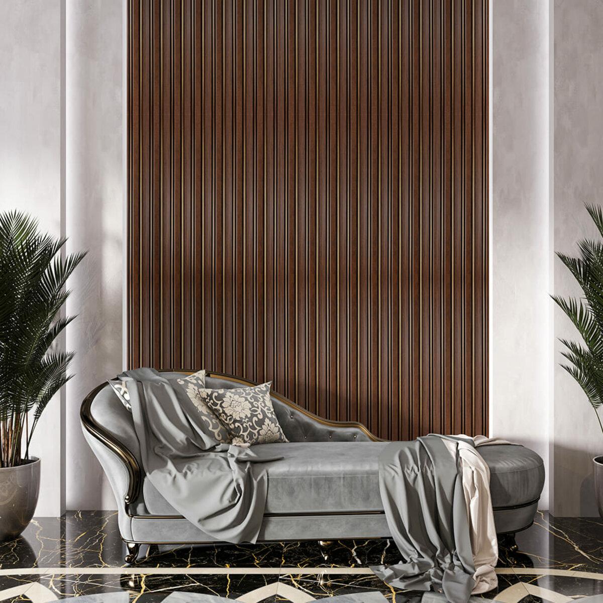 Рейка PS 2900x120x12 мм темный орех в интерьере — декоративная стеновая рейка темный орех