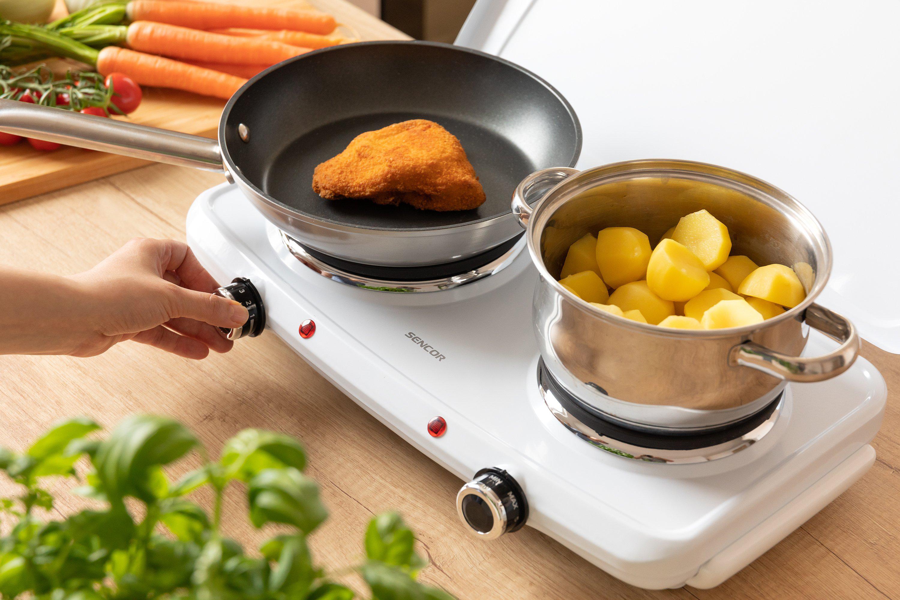 настольная плита с двумя конфорками в действии — переносная плита с крышкой и термостатом