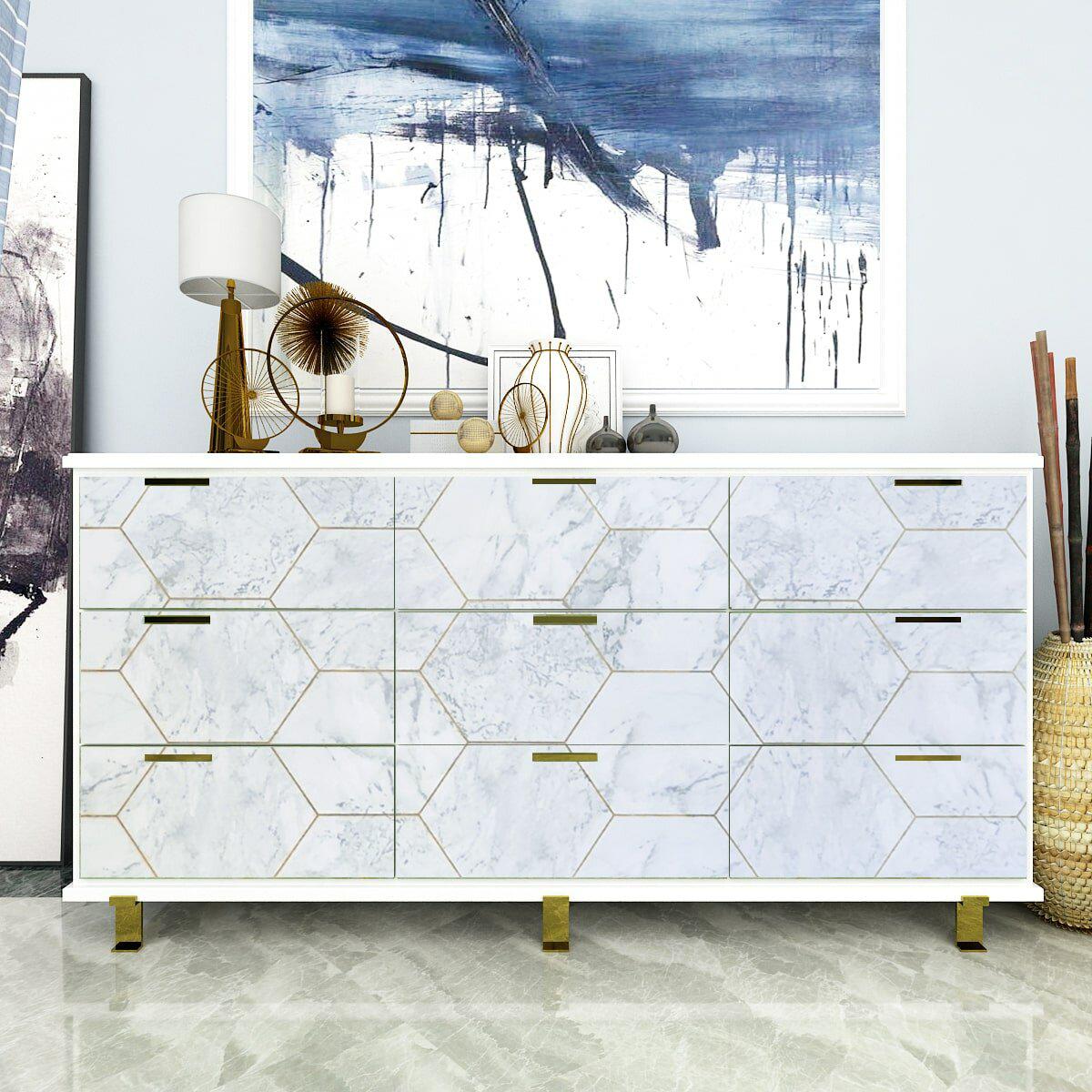 Самоклеящаяся пленка под мрамор на комоде — мраморная пленка с золотыми сотами для мебели и дверей