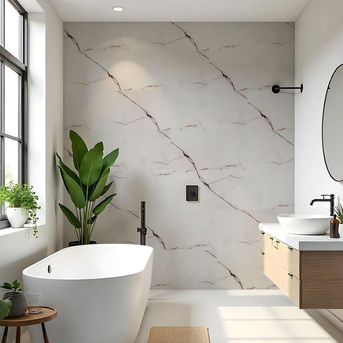 Интерьер ванной с PET стеновой панелью 600x300 имитация мрамора — самоклеящаяся стеновая плитка 60x30