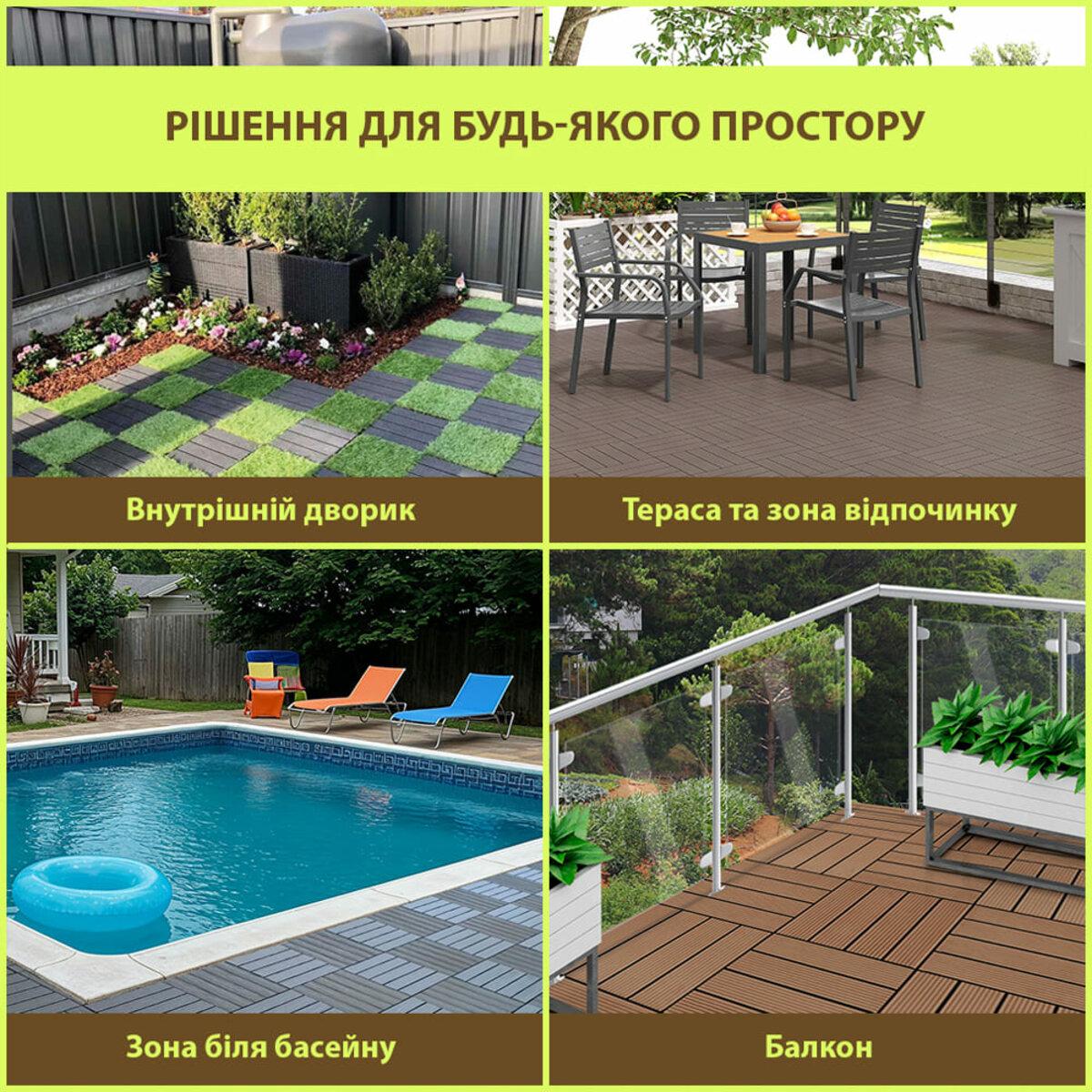 Плитка ДПК для тераси, балкона, двору та зони біля басейну в різних варіантах використання