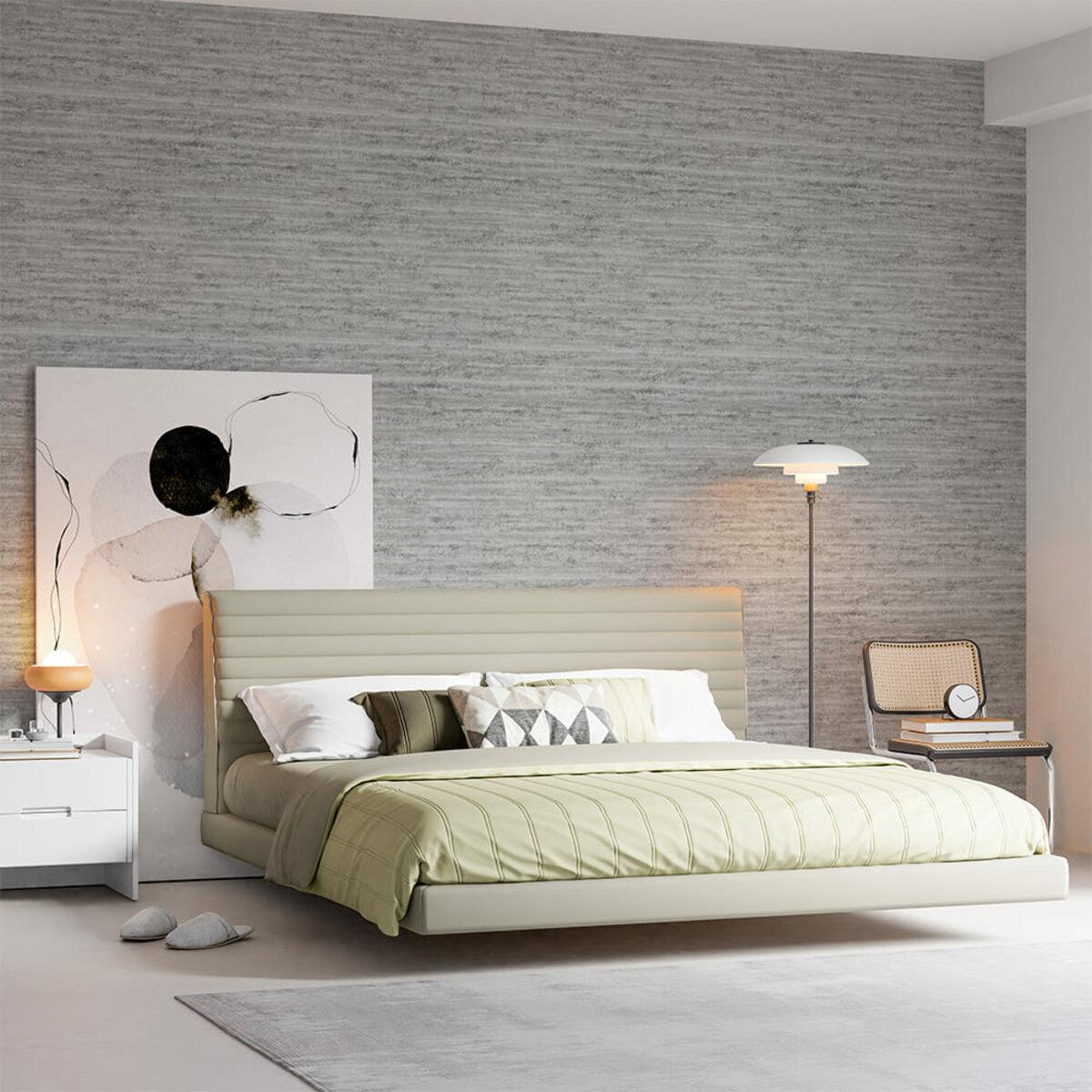 Гнучка штукатурка в інтер’єрі спальні, декоративне настінне покриття під штукатурку в сучасному приміщенні