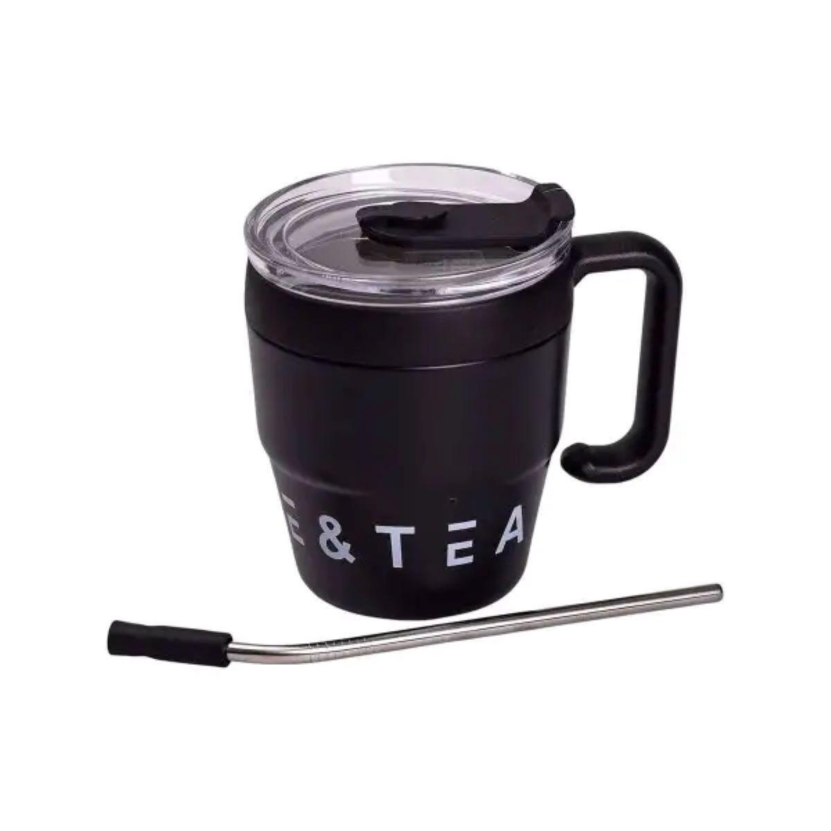 Термокружка с трубочкой 480 мл — черная вакуумная кружка для прогулок и спорта с металлической трубочкой