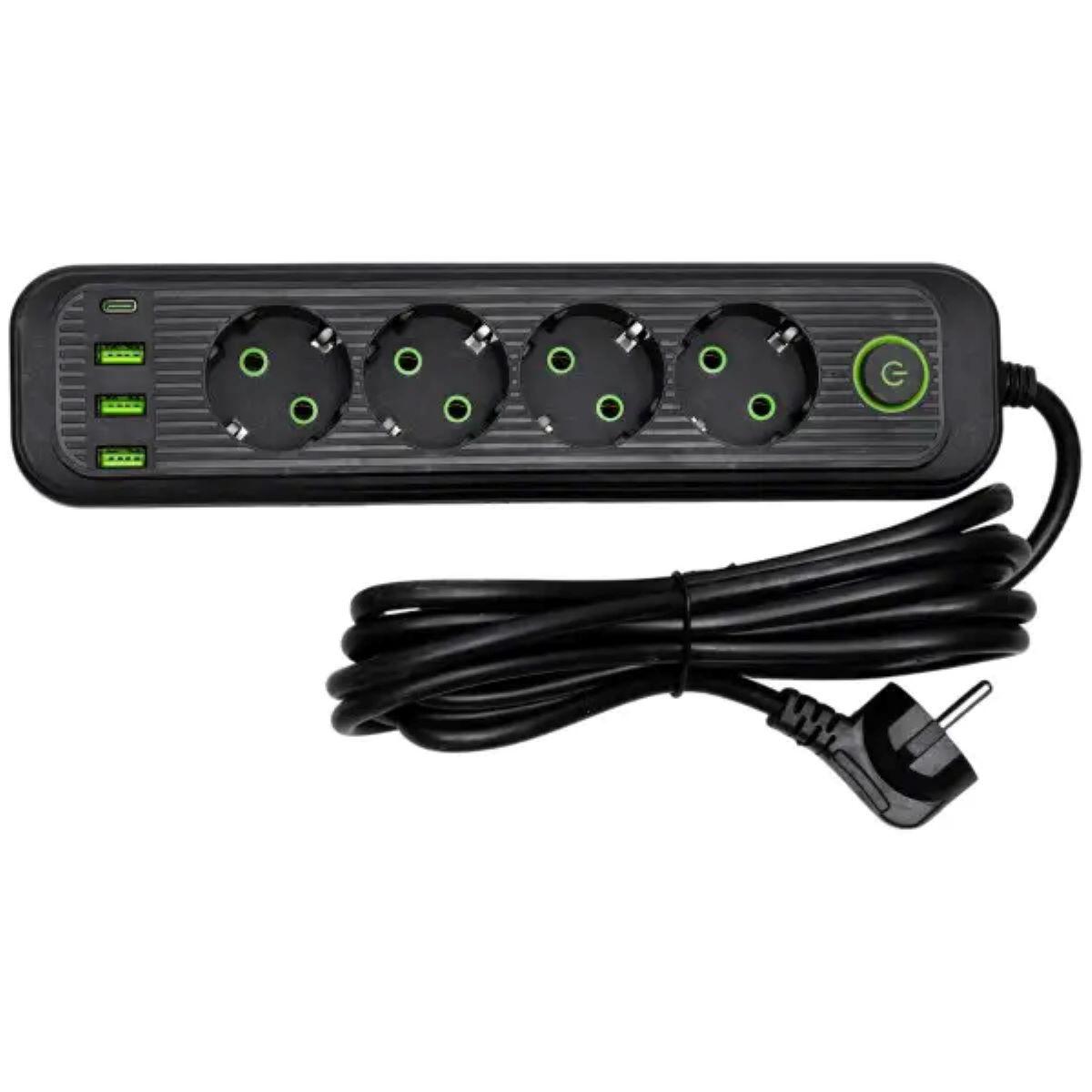 Чорний мережевий подовжувач на 4 розетки з USB-A та USB-C, кабель 3 м