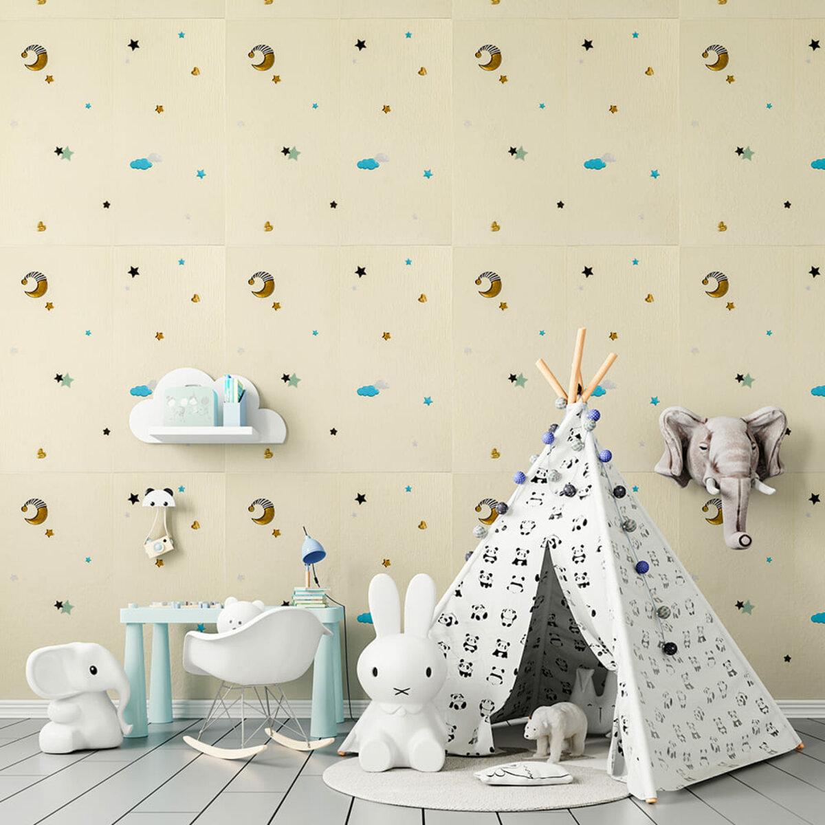 3D панели самоклеящиеся для детской с рисунком звезды и луна в интерьере, панель 700x700