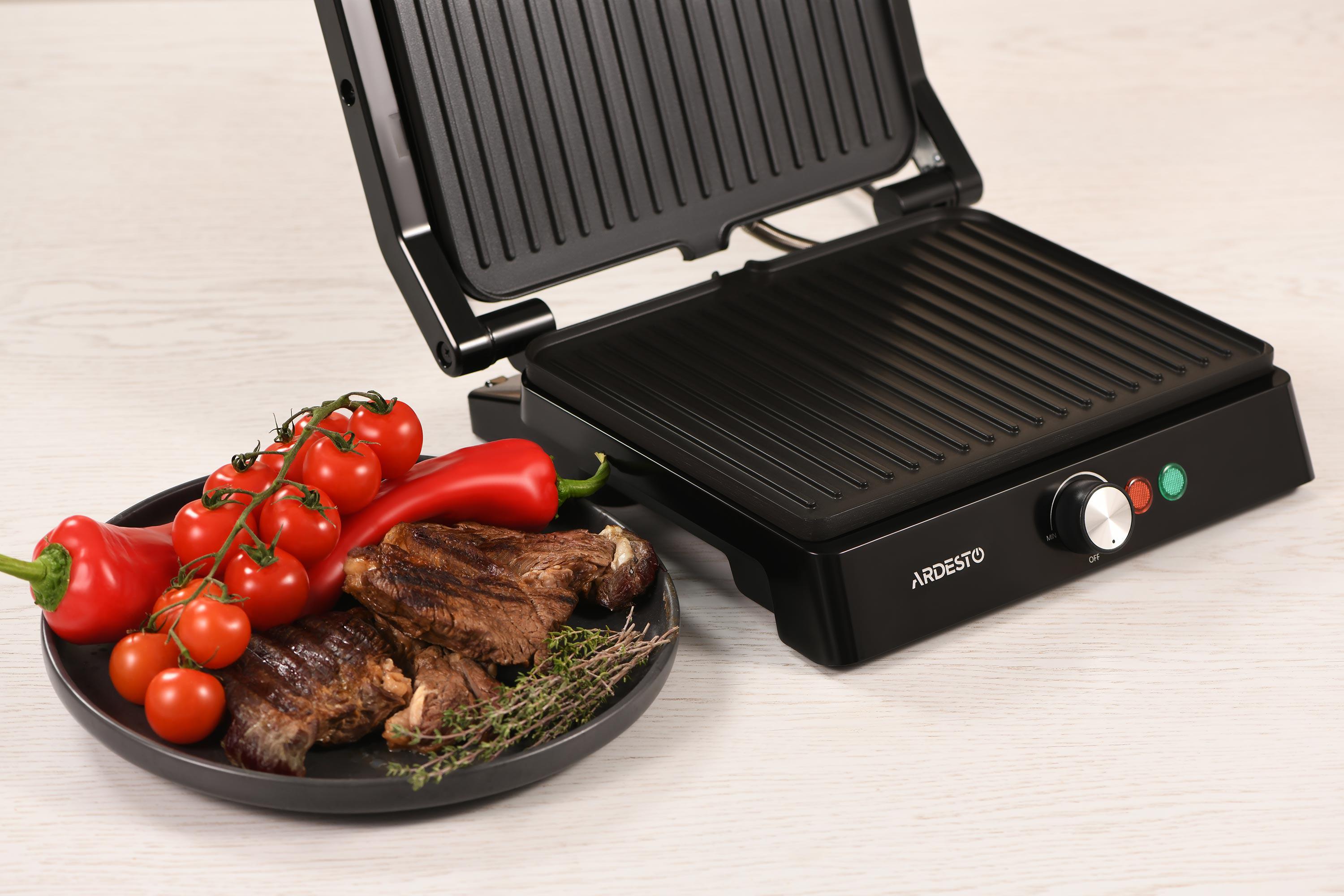 Контактный гриль для дома 1800 Вт с рифлеными антипригарными пластинами, готовка без масла