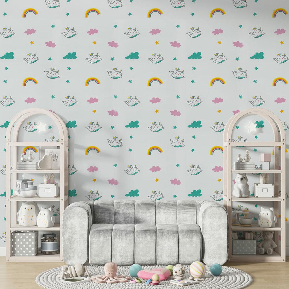 Рельефные самоклеящиеся обои с утеплением XPE 'Единорожки' в детской комнате 2800х500 мм