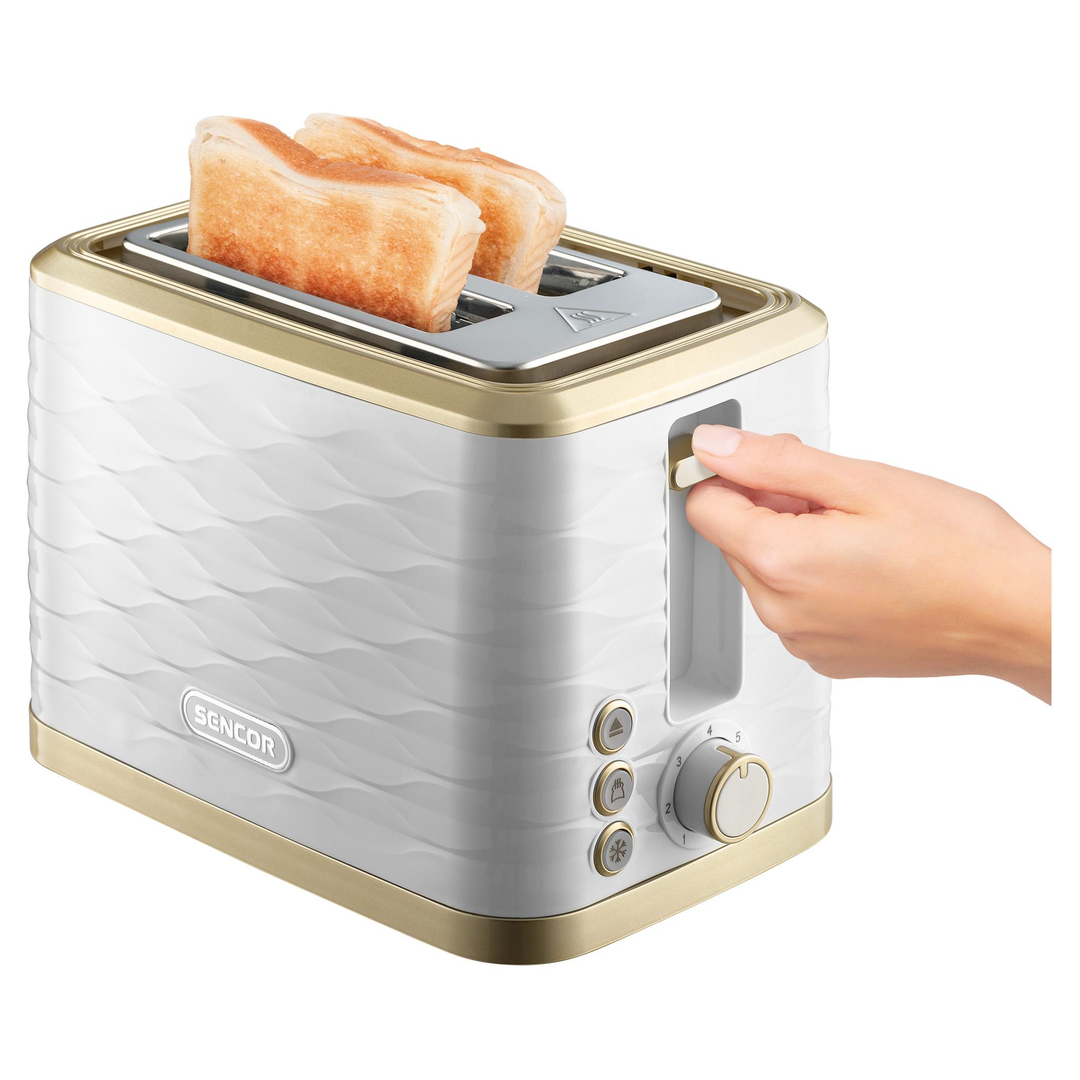 Компактный тостер на 2 тоста бело-золотой Sencor в интерьере — тостер с функцией разморозки и подогрева