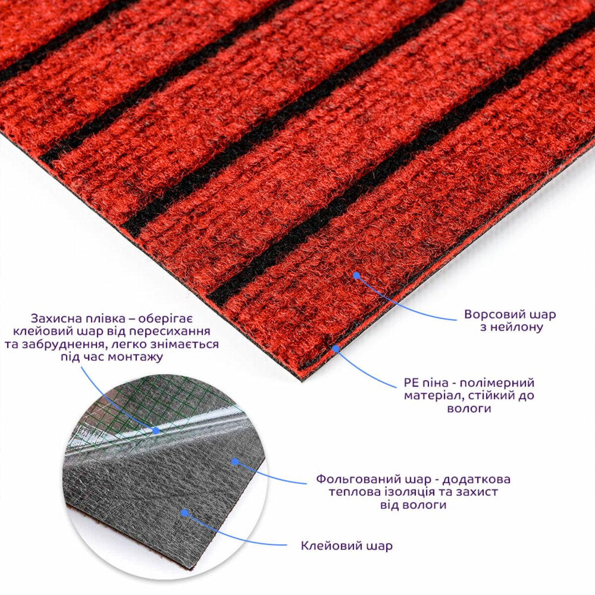 разрез ковролиновой плитки самоклеящейся 300x300 слои: ворс нейлон, PE пена, фольга, клеевой слой