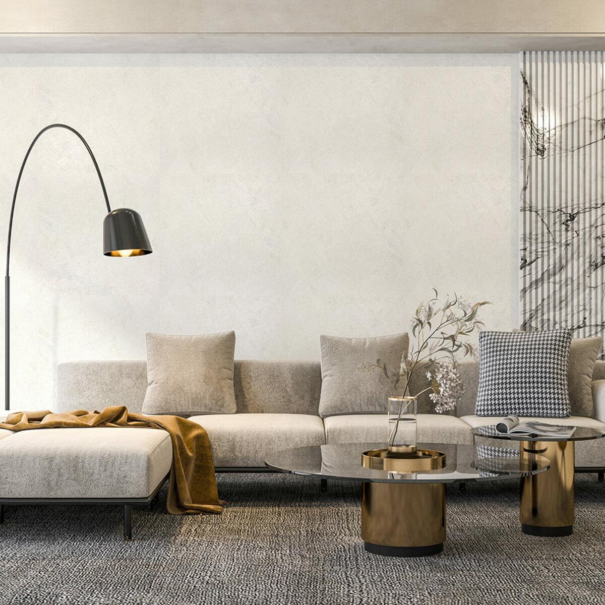 Біла самоклеюча гнучка штукатурка в сучасній вітальні на акцентній стіні