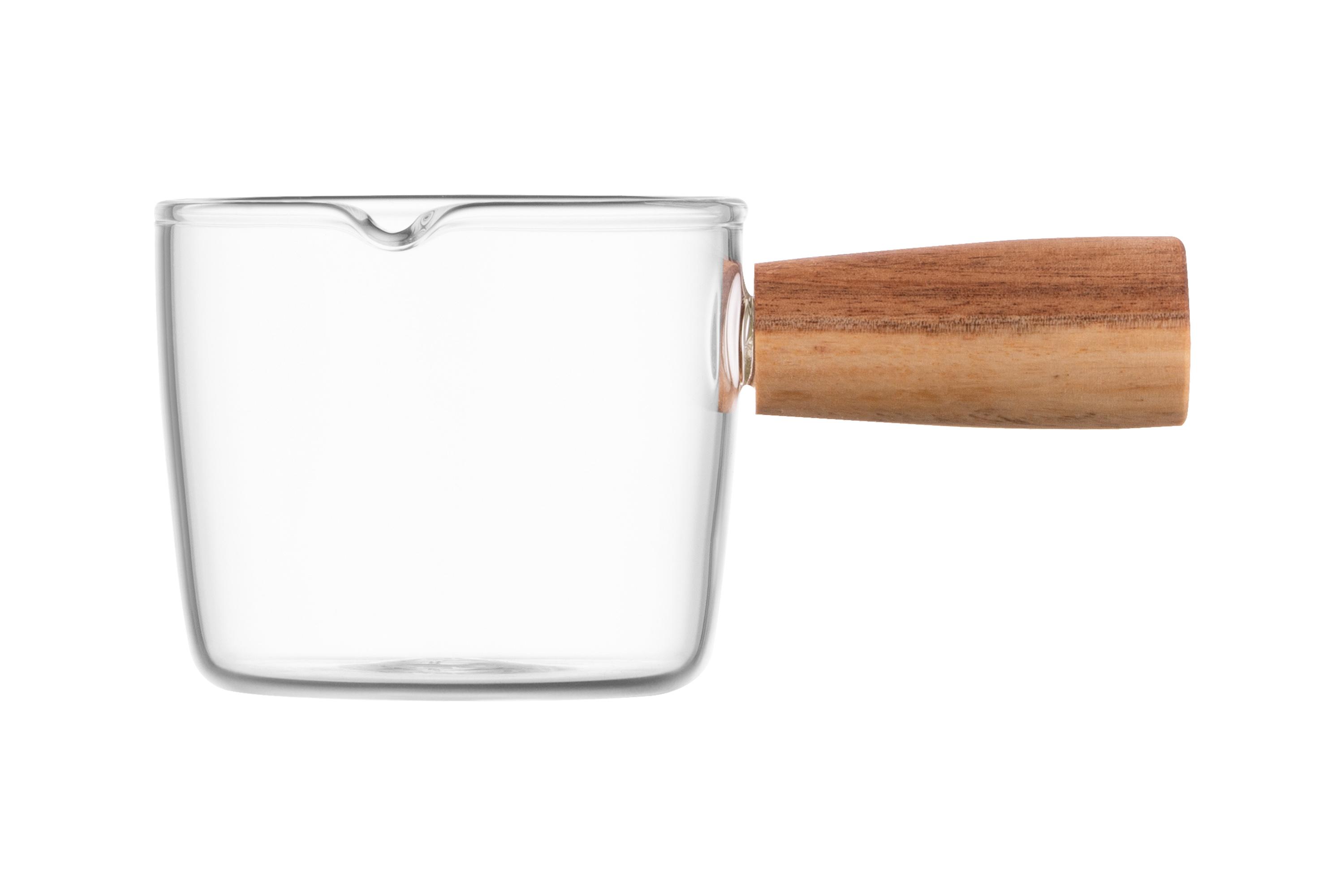 Соусник боросиликатное стекло 100 мл с носиком и деревянной ручкой на подставке — молочница для кофе