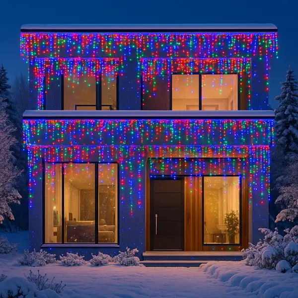 Гирлянда бахрома для фасада 36 м мультиколор 600 LED на доме