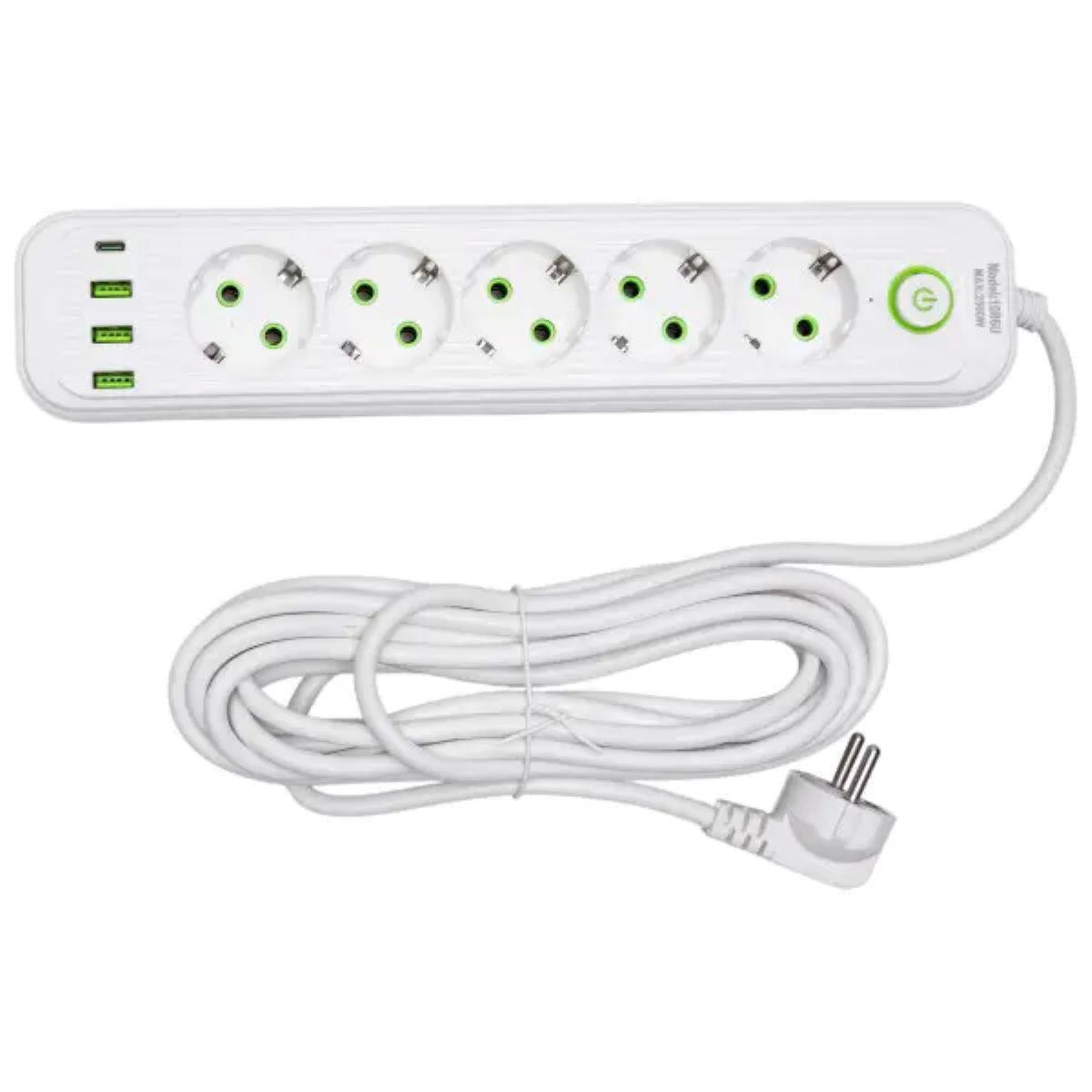 Білий мережевий подовжувач на 5 розеток з USB-A, USB-C та кабелем 5 м