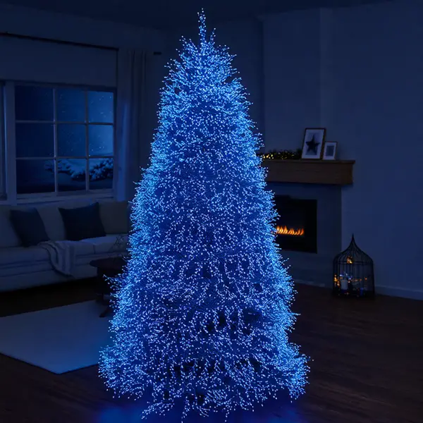 Гирлянда хвойная лапа 50 м с 1500 синими LED на ёлке в интерьере