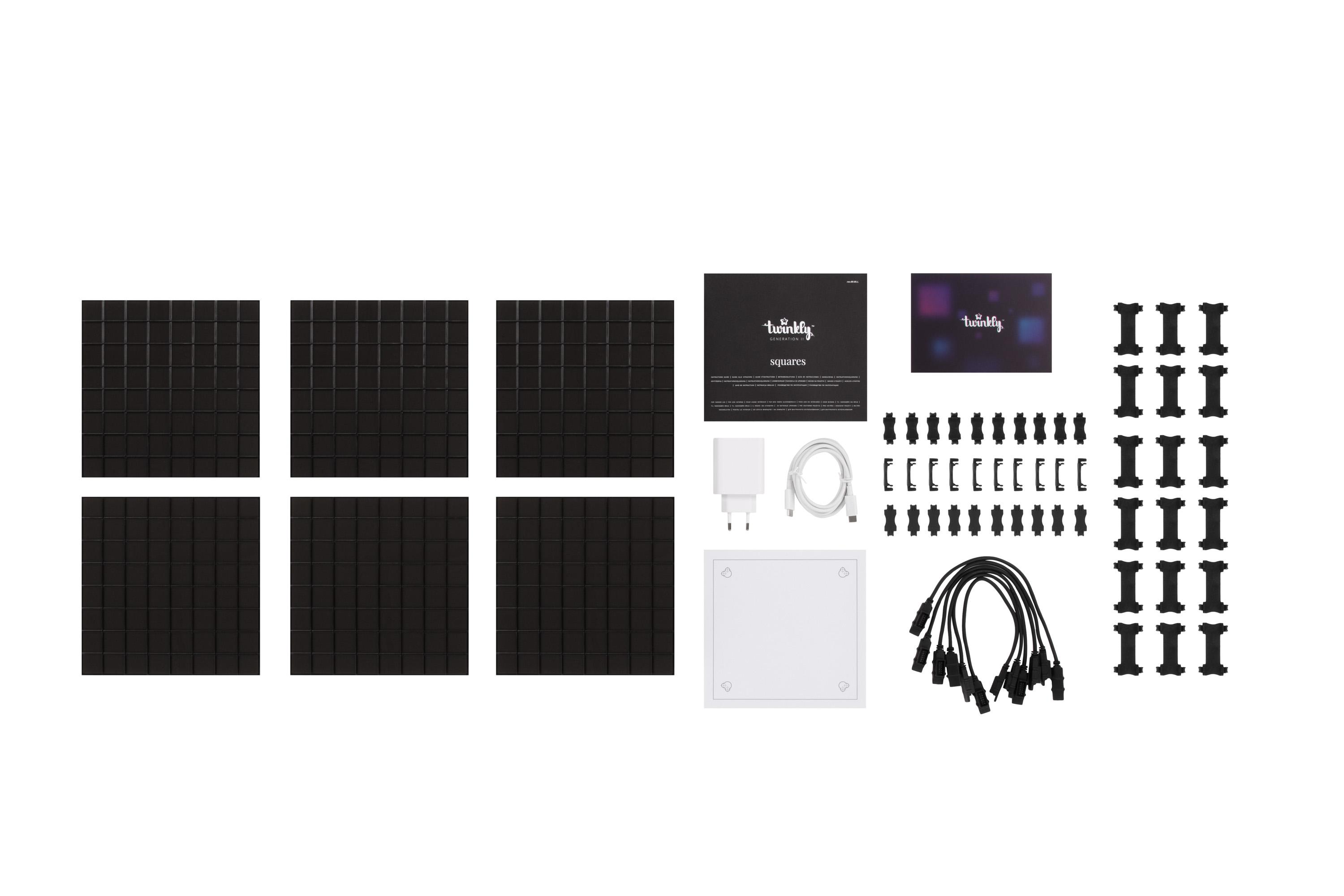 комплектация смарт-панелей Twinkly Squares — главный квадрат, 5 удлинительных, адаптер и соединительные кабели