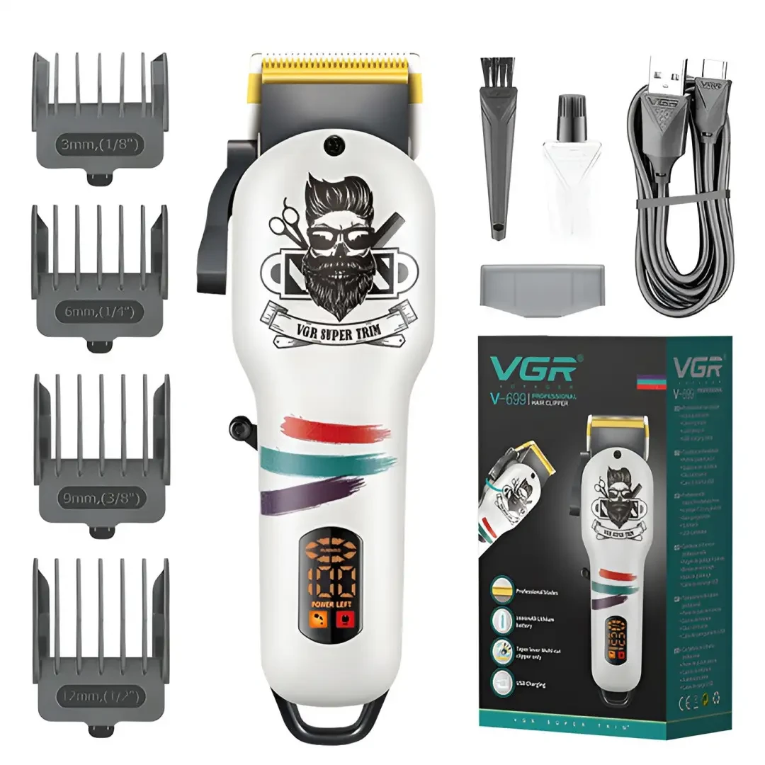 Акумуляторний тример VGR для бороди та волосся з USB-кабелем і насадками 3, 6, 9 та 12 мм