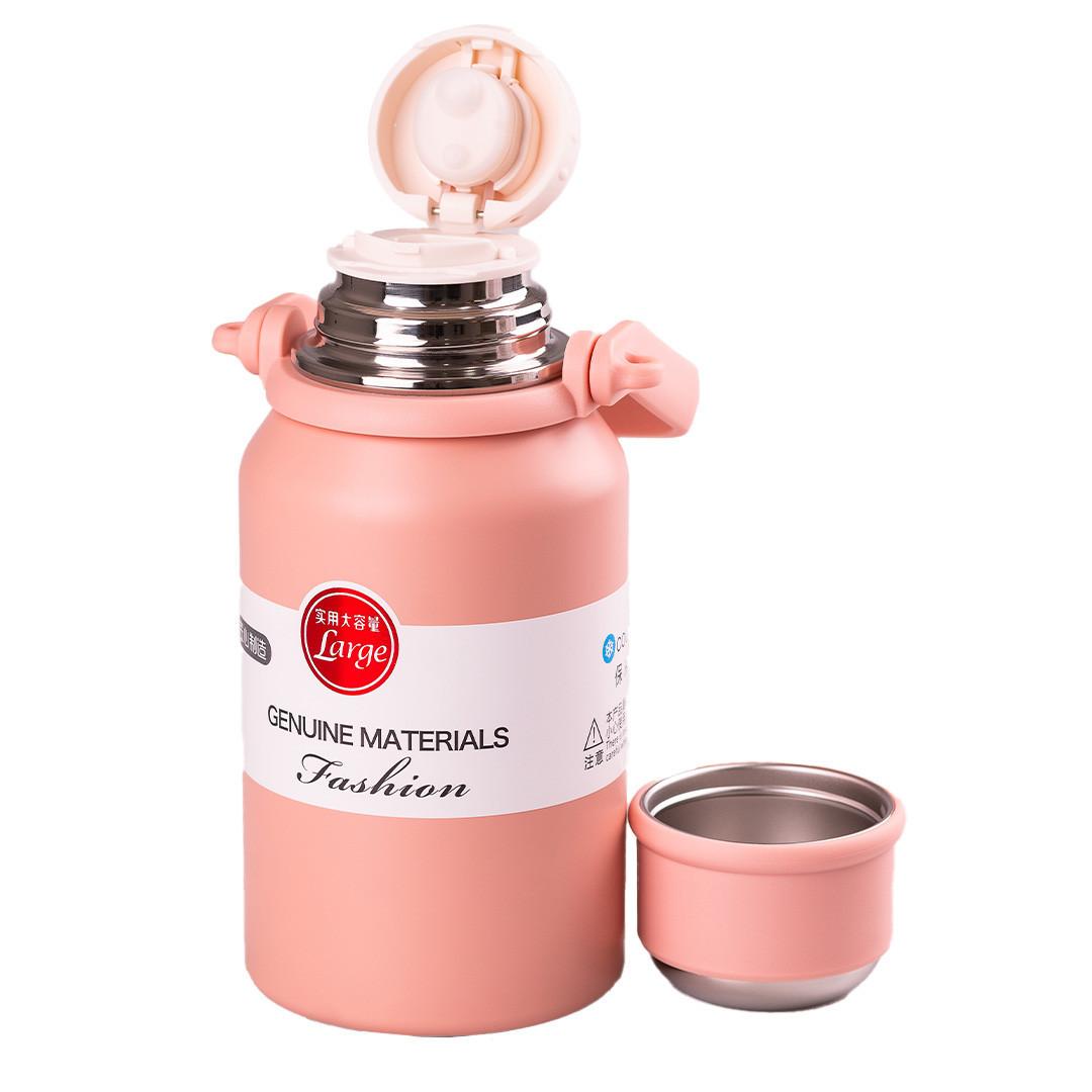 вакуумный термос с ручкой 900 мл розовый, крышка‑чашка вид сверху