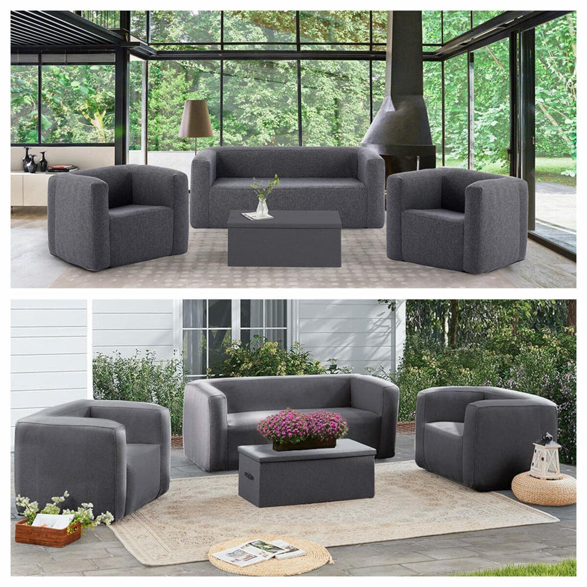 Сірий комплект надувних меблів диван і крісло в інтер’єрі з демонстрацією комплекту