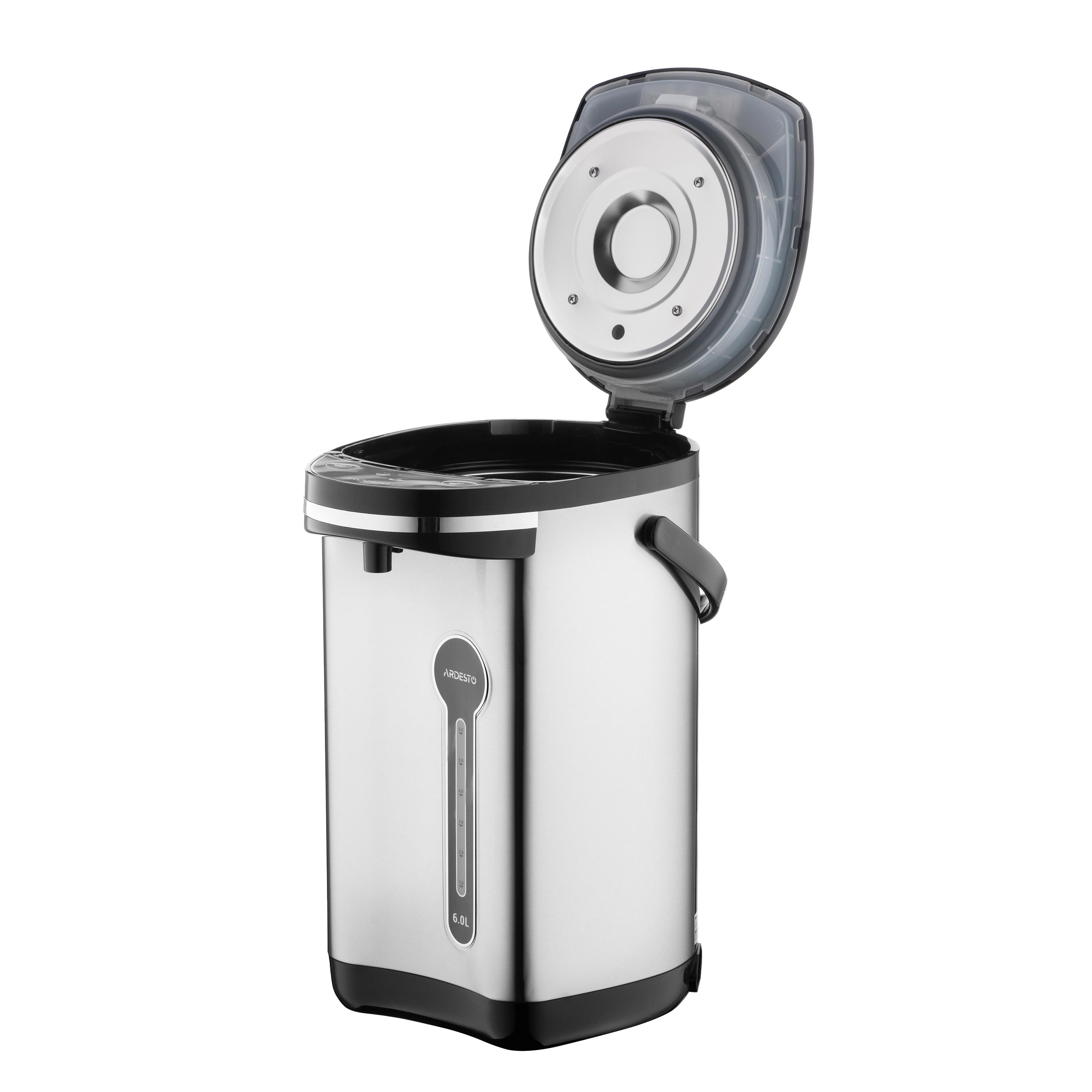 термос для воды с помпой, открытая крышка и внутренняя нержавеющая емкость SUS304