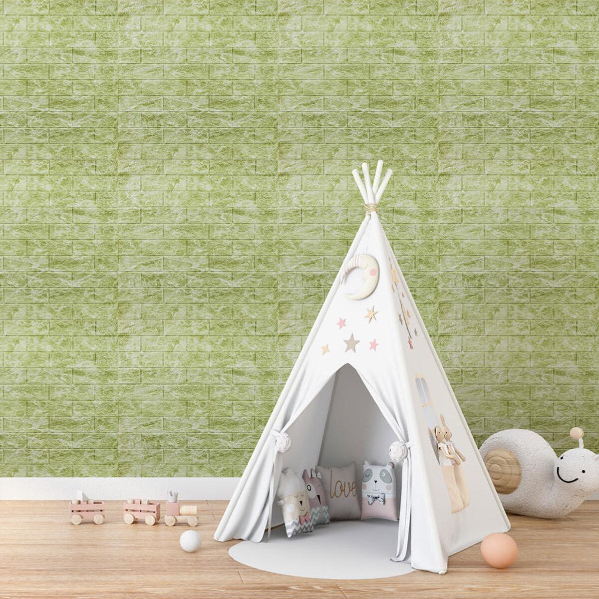 Самоклеящаяся 3D панель под кирпич зелёная в детской комнате 700х770х5 мм