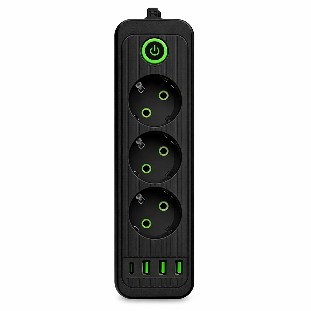 Чорний мережевий фільтр-подовжувач на 3 розетки з USB-A та USB-C, вигляд спереду