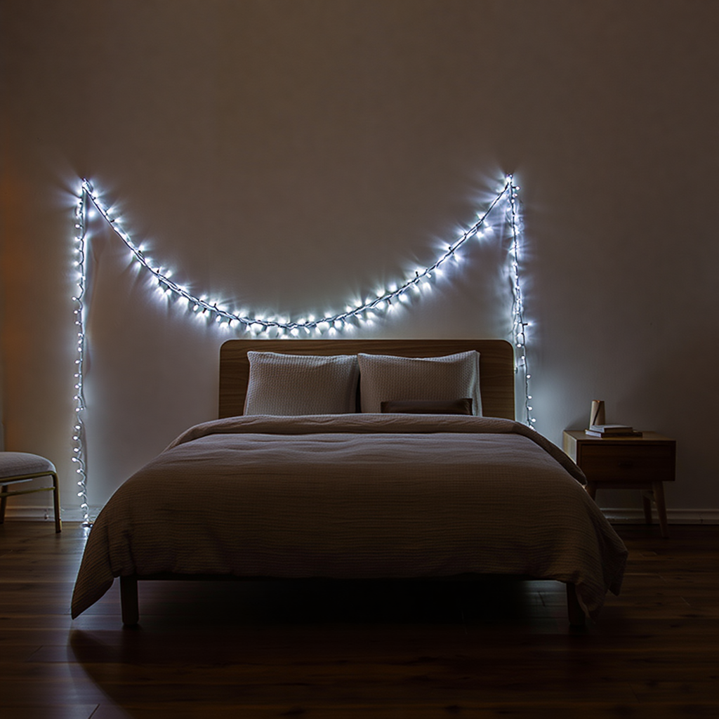 гарлянда нитка белое свечение 16 м над изголовьем, 160 LED, черный кабель