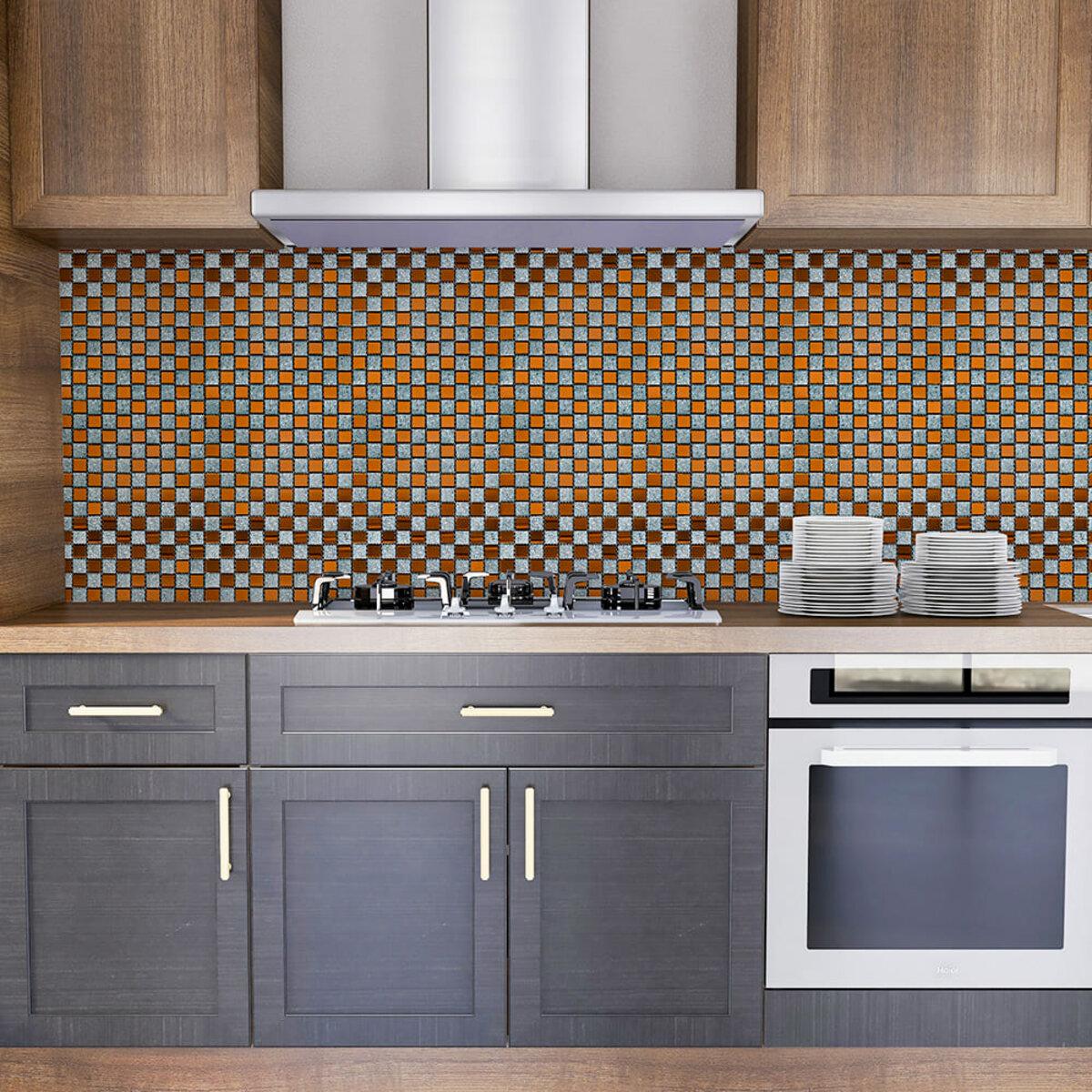 Стеклянная мозаика 298x298 мм серо-оранжевая в интерьере кухни — самоклеящаяся мозаика для кухни и ванной