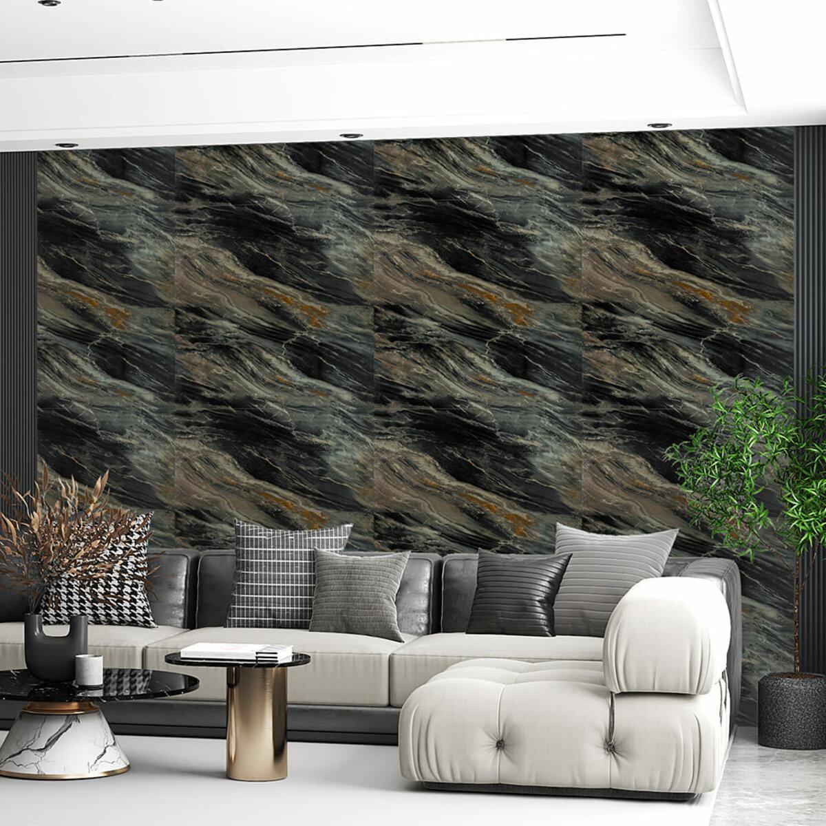 Декоративная самоклеящаяся стеновая PET плитка 600x300 в интерьере — панели под камень