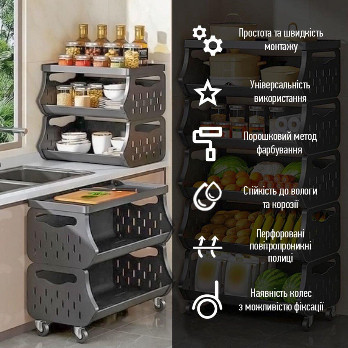 Стеллаж трёхъярусный 60х30х77 см в кухонном интерьере — металлический мобильный стеллаж на колесах