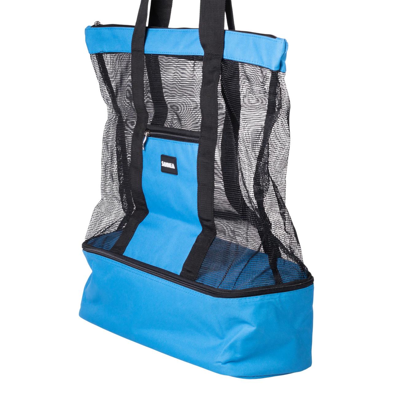 пляжная сумка с термоотсеком — вид сбоку, сетчатая верхняя часть и твёрдое дно
