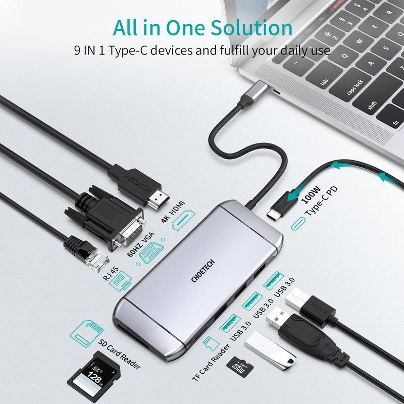 USB-C хаб Choetech HUB-M15-GY 9-в-1 з HDMI 4K, VGA, RJ45 та USB 3.0