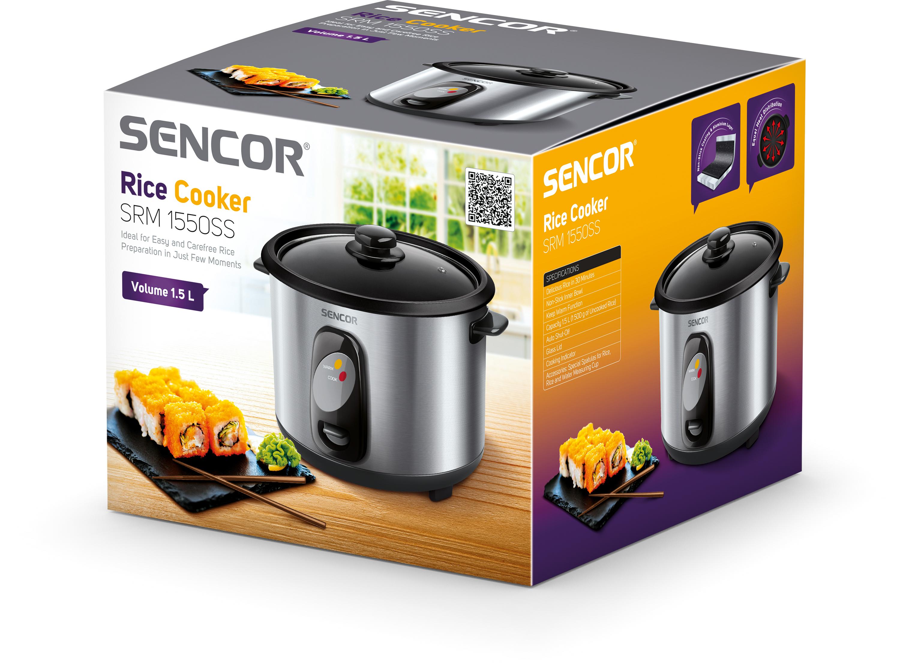Рисоварка Sencor с антипригарной чашей и комплектом аксессуаров — мерный стакан и лопатка