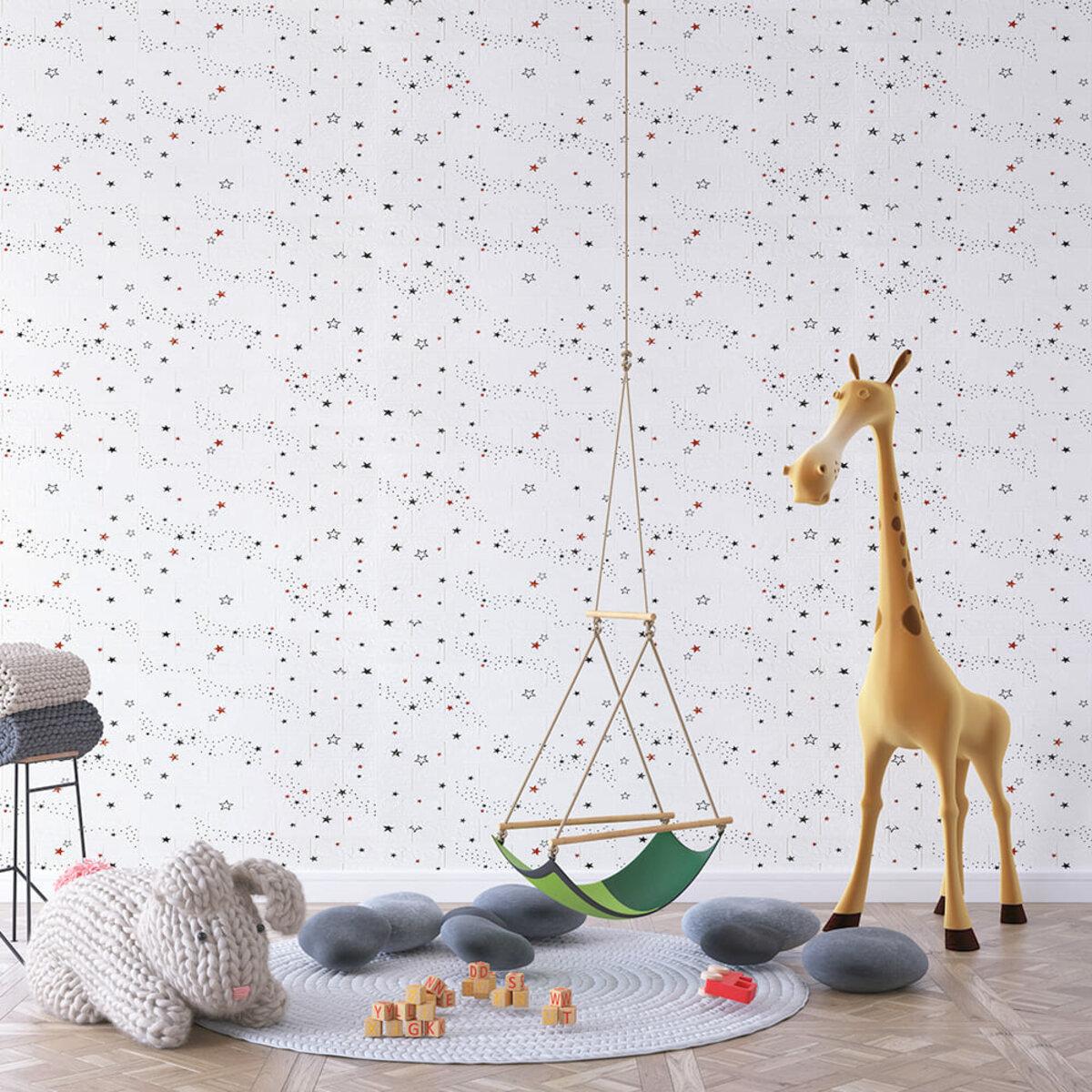 декоративная 3D панель для комнаты — интерьер детской, белая панель со звёздами, рулонная отделка стен