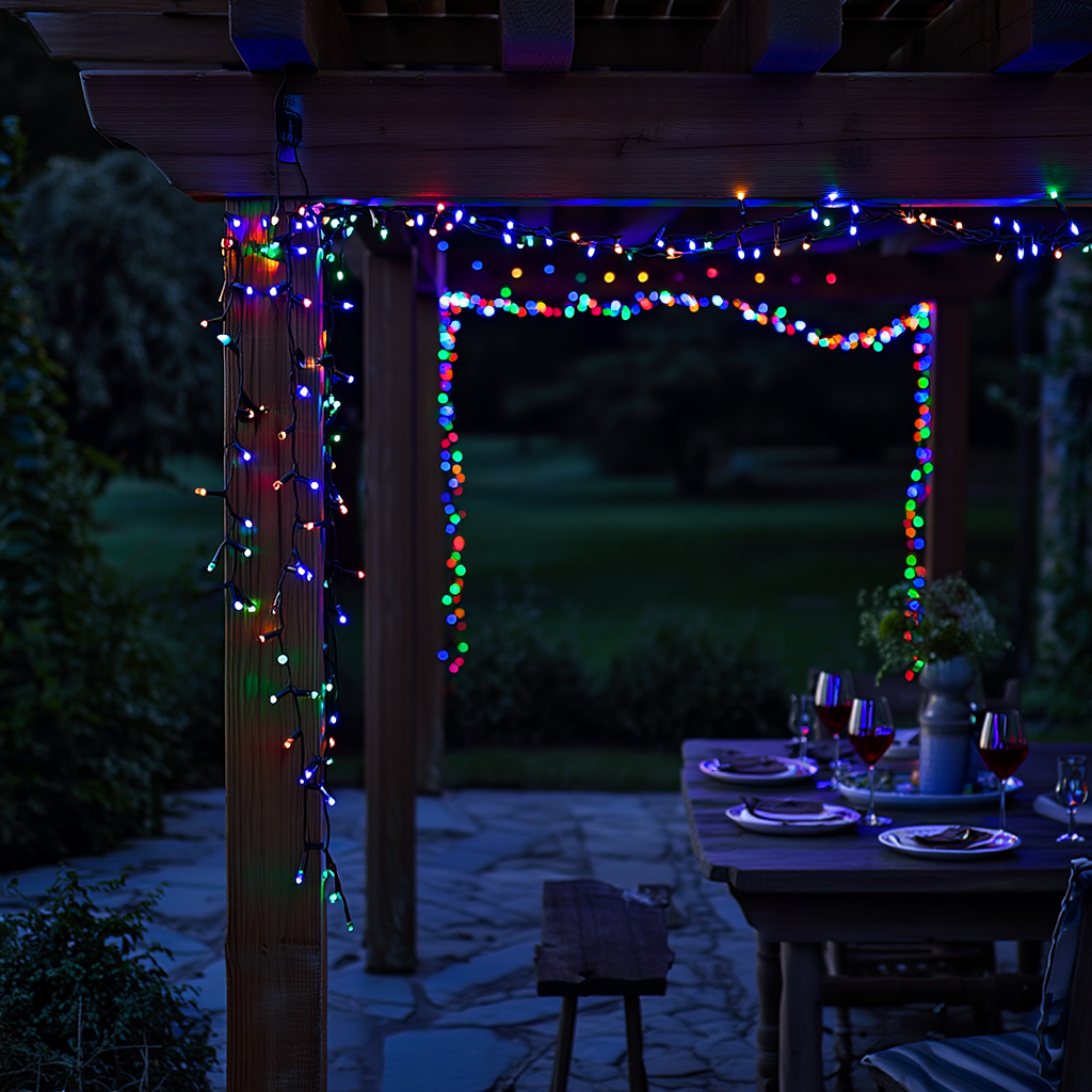 Уличная гирлянда 30 м мультиколор на перголе, гирлянда уличная для сада и террасы
