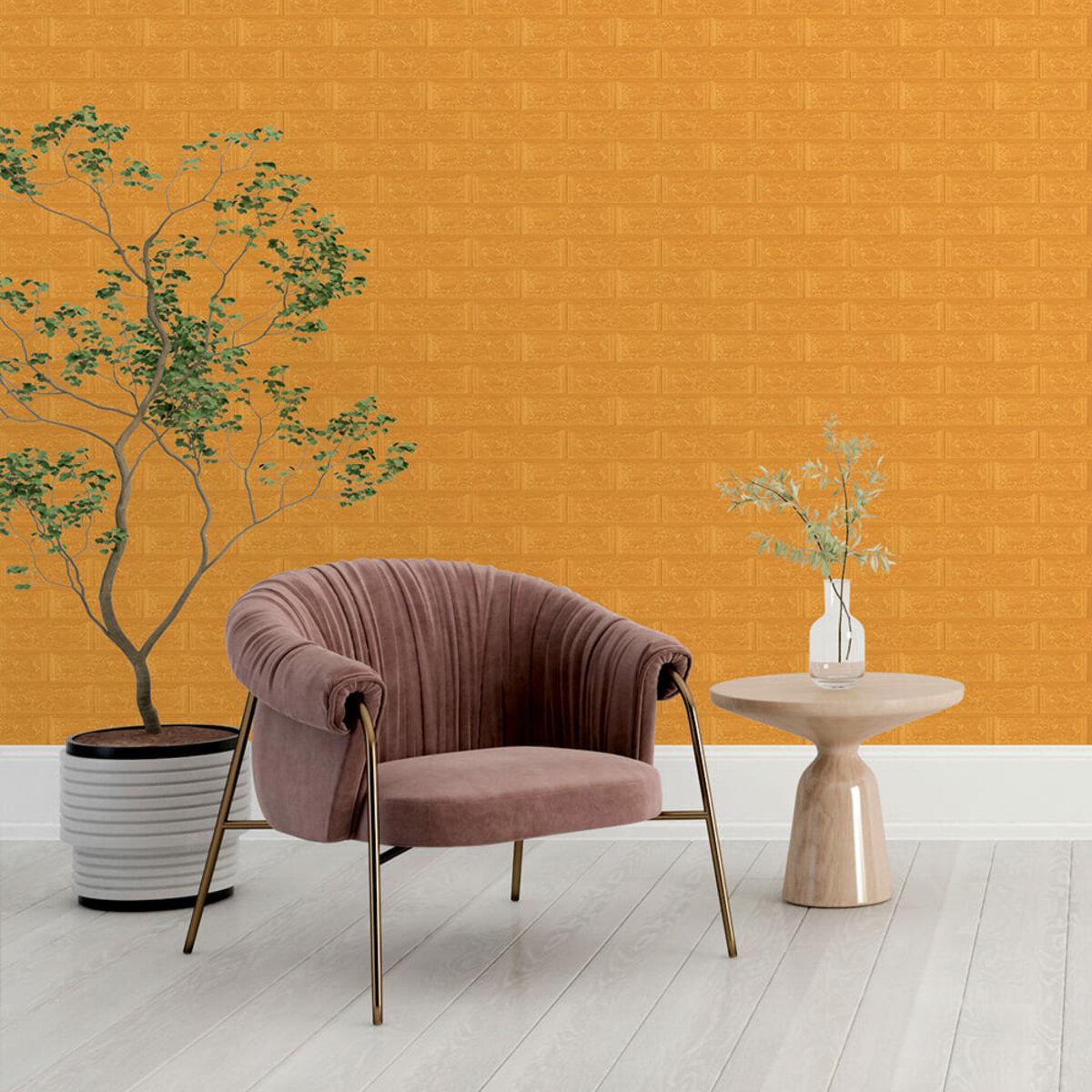 Интерьер с самоклеящейся 3D панелью кирпич золотого цвета 700x770x5 мм — декоративная панель для стен кирпич