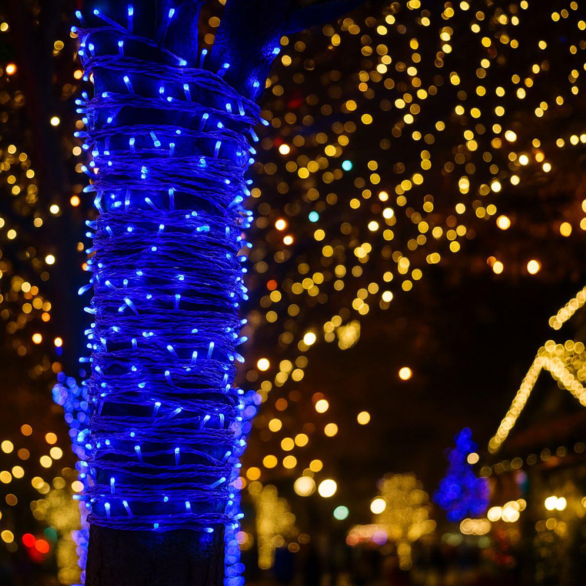 уличная LED гирлянда 30 м синяя на дереве — гирлянда нитка 300 светодиодов