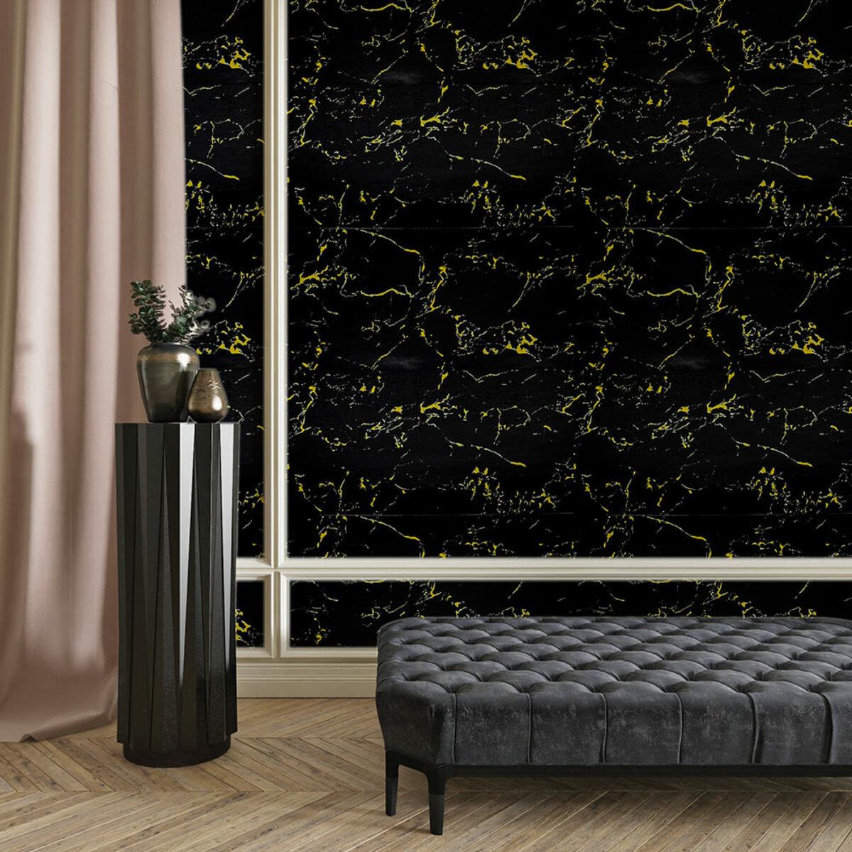 самоклеящаяся плитка для стен 600x300 в интерьере — черная PET плитка с золотым мраморным рисунком