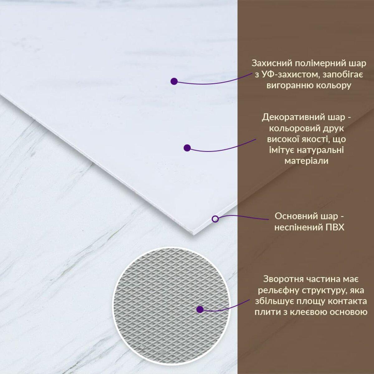 Будова декоративної ПВХ плити під білий мармур із захисним шаром та рельєфною основою