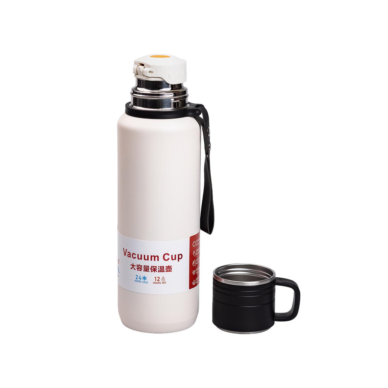 вакуумный термос для чая 1 л белый с чашкой и ремешком