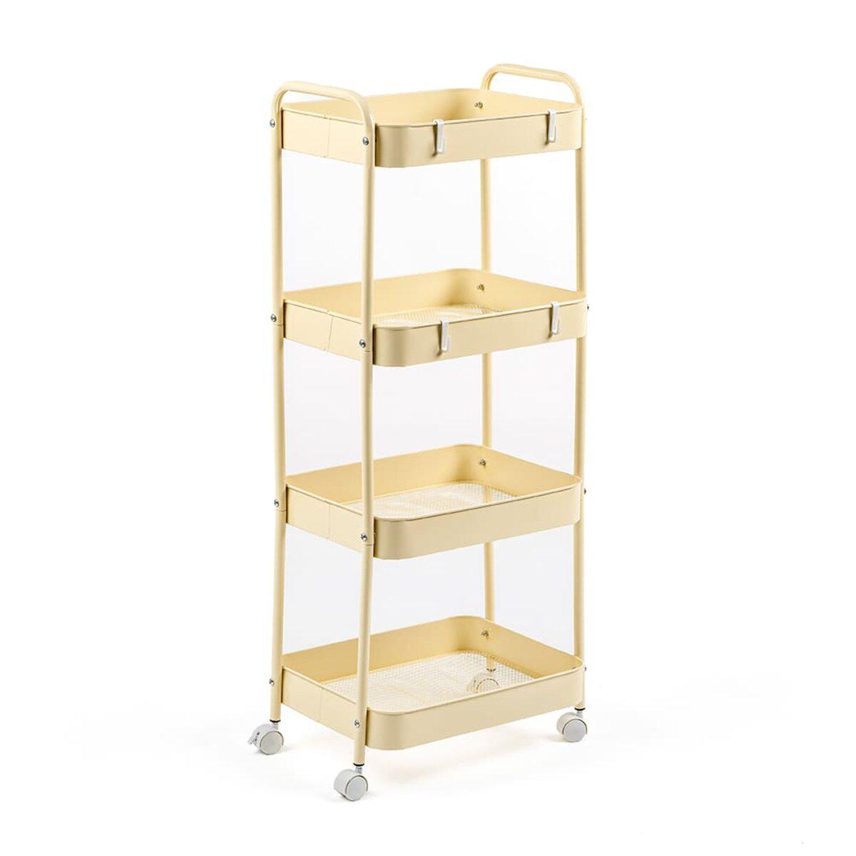 Кремова мобільна металева етажерка на 4 яруси з колесами та сітчастими полицями