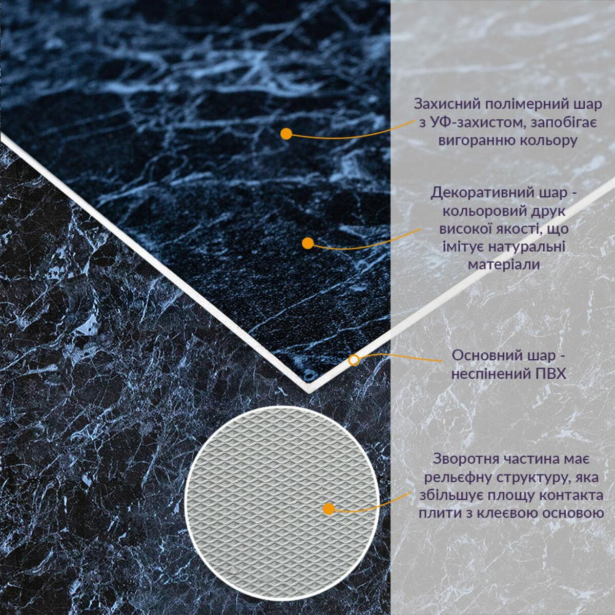 Структура и тыльная сторона ПВХ плиты 600x600 черный мрамор — рельеф для лучшего сцепления с клеем