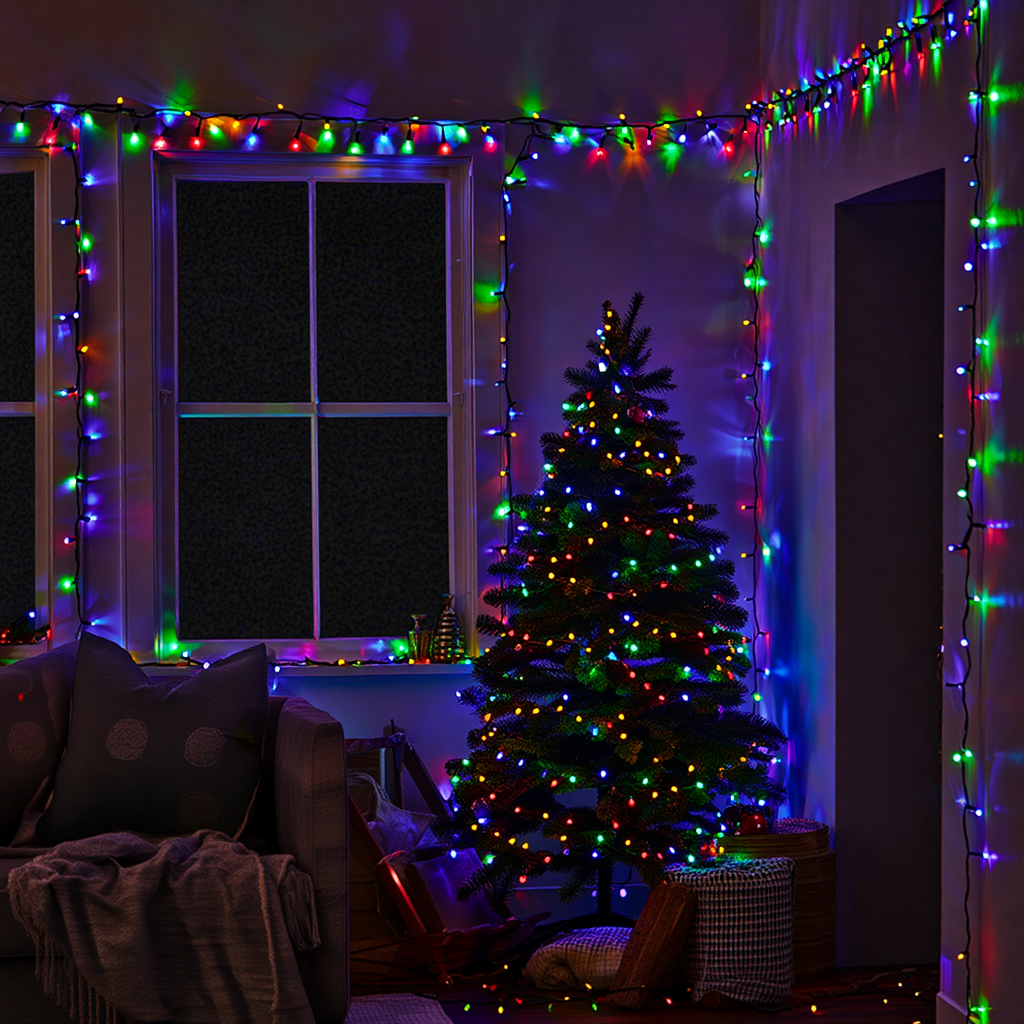 Уличная гирлянда 50 метров мультиколор на черном проводе в интерьере — гирлянда на стене и ёлке