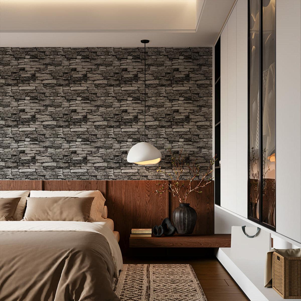Интерьерная стена со самоклеящимися 3D панелями для стен графитовый кирпич в спальне