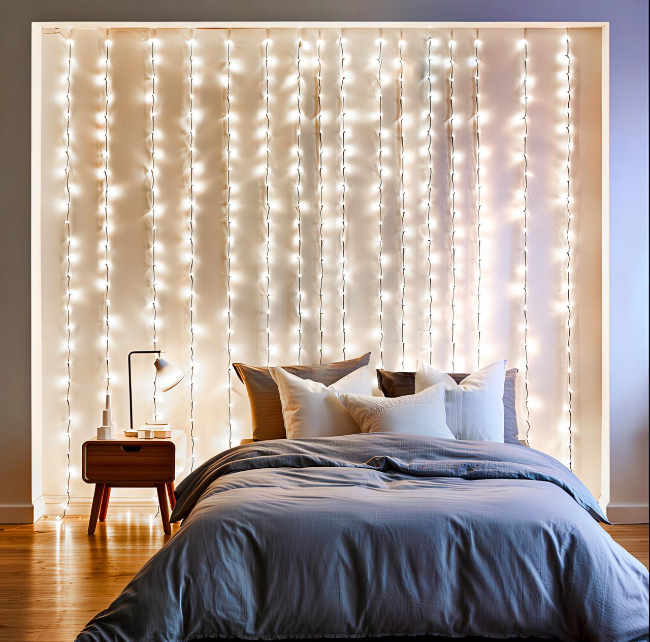 гирлянда штора белое свечение 3x3 в интерьере спальни