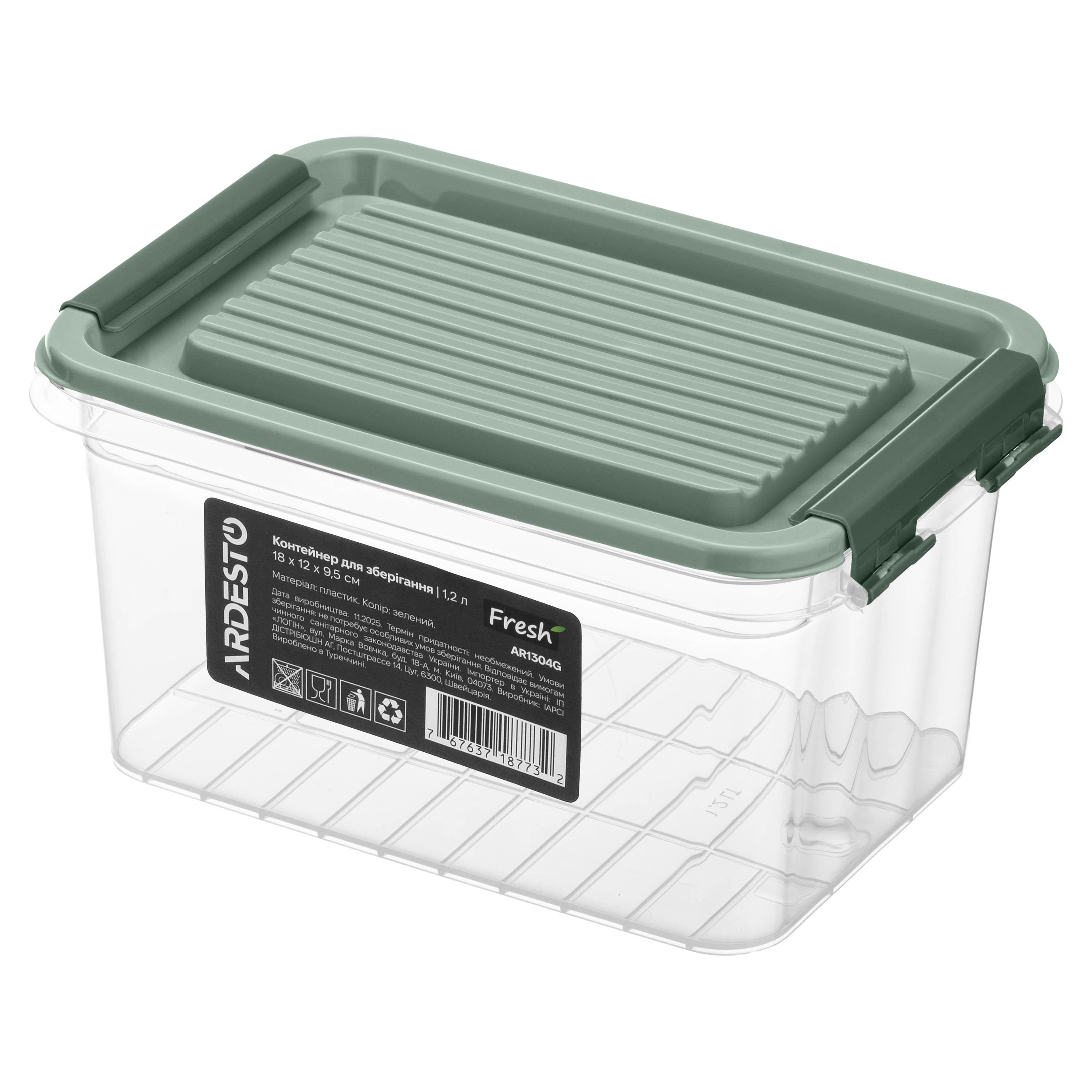 Пластиковий контейнер для їжі ARDESTO Fresh 1,2 л у зеленому кольорі, прямокутна форма